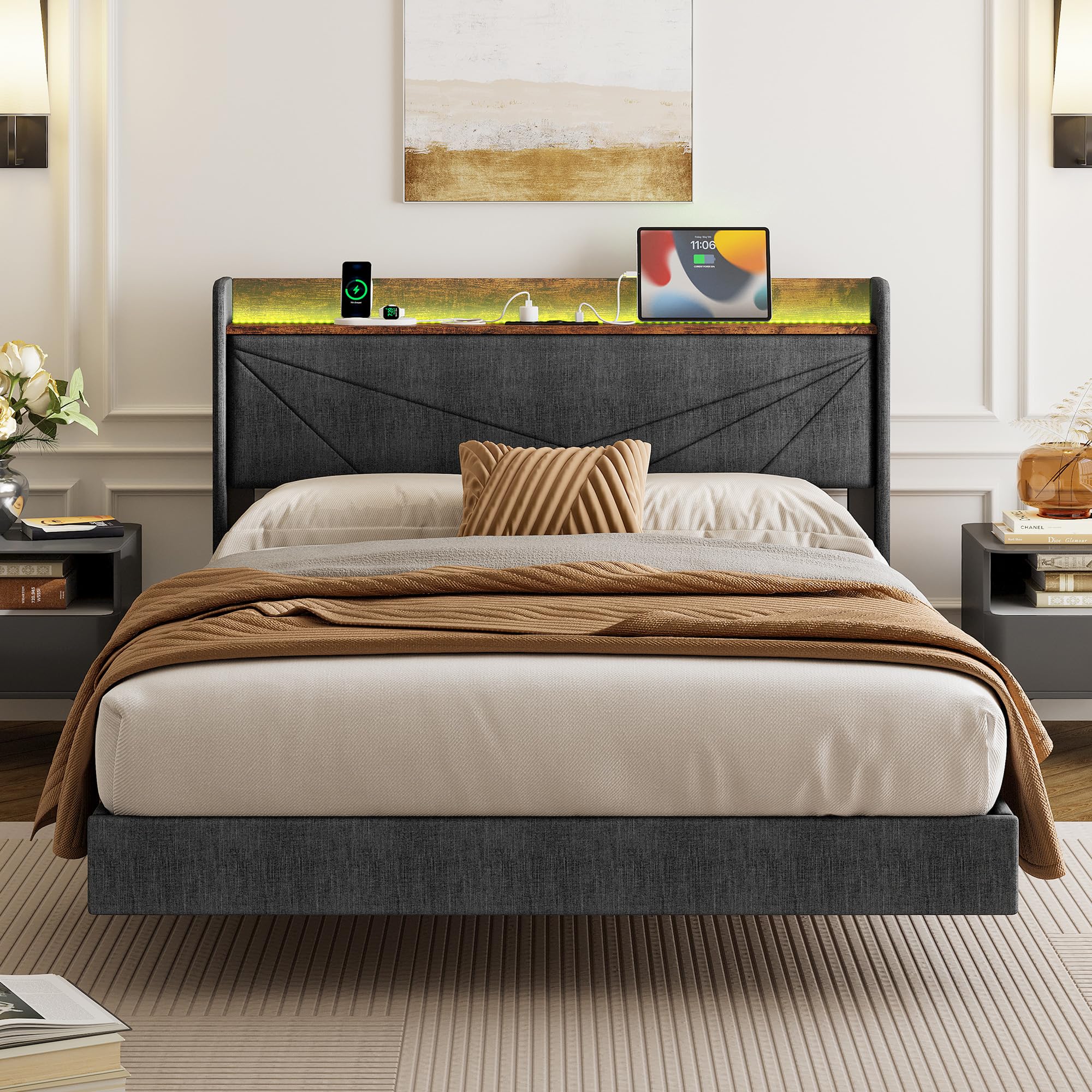 IRONCK Polsterbett 140x200, Schwebebett mit LED-Beleuchtung und Ladestation (USB/USB-C/Steckdosen), gepolstertes Kopfteil mit Stauraum, Bett mit Lattenrost, Doppelbett Bettgestell, Leinen, Dunkelgrau