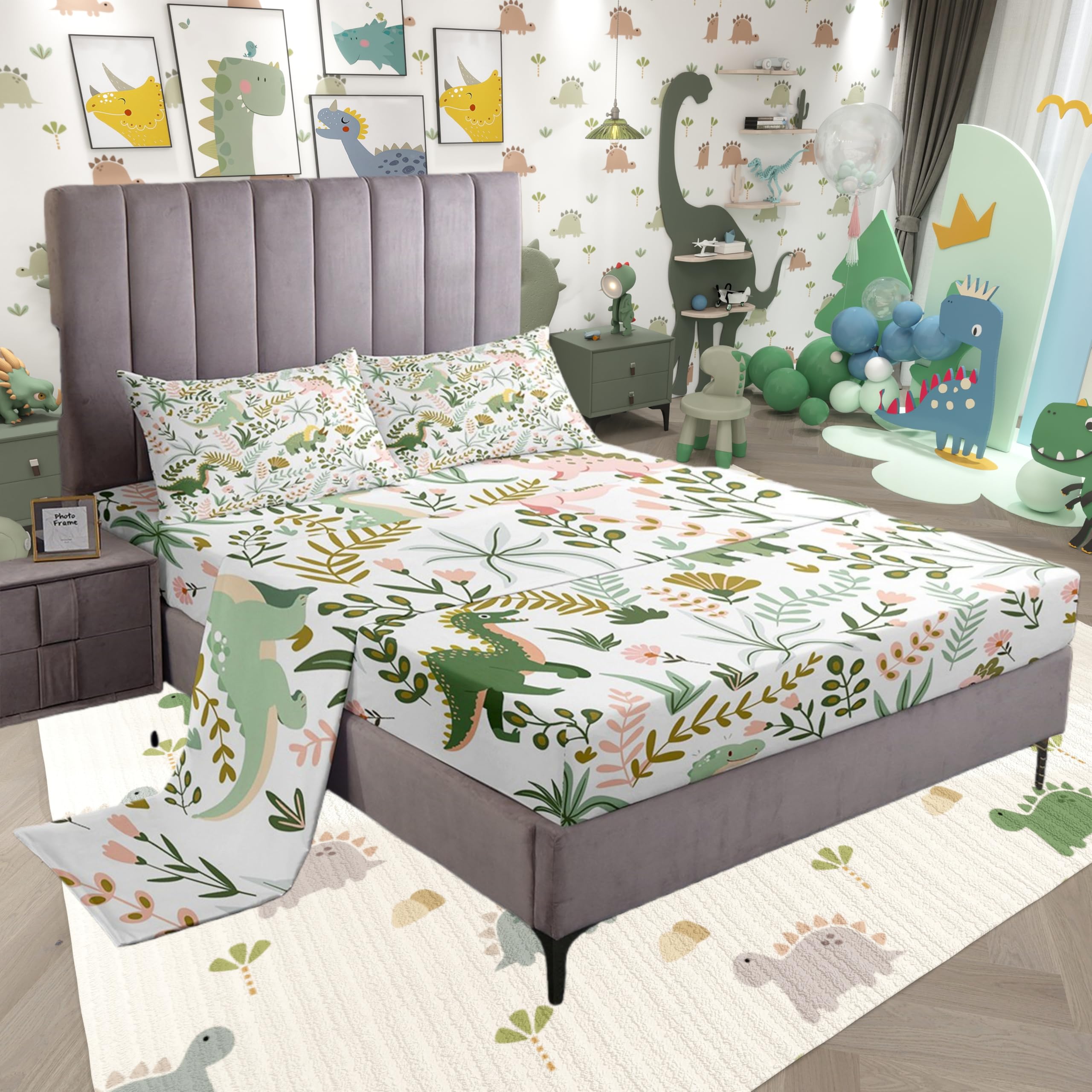 Lindo juego de sábanas para niños, tamaño individual, juego de sábanas de dinosaurio Kawaii rosa y verde, decoración de habitación, juego de ropa de cama de dibujos animados con hojas florales para