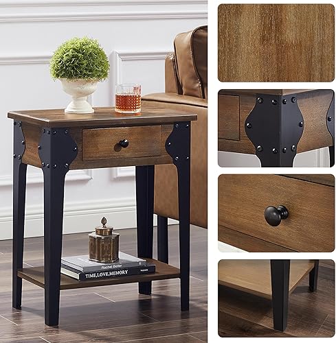 Miniatura 4 de Art Leon Mesita de noche vintage, mesa auxiliar con cajón y estante de almacenamiento, mesita de noche con patas de metal negro para oficina en casa