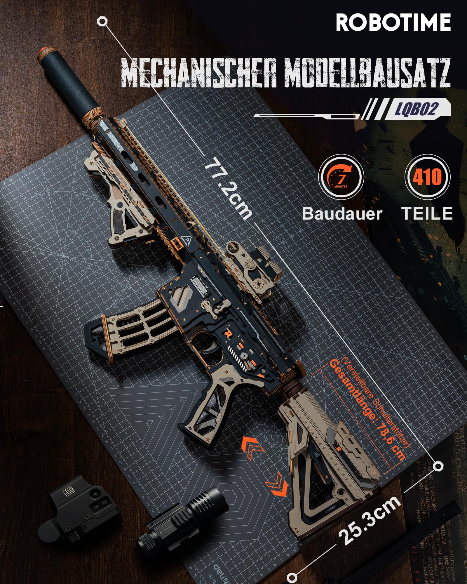 ROBOTIME Sci-Fi-Holzmodell mit Gummiband-Mechanik, 410 Teile, LQB02 | 410 Teile, 7 Stunden Aufbau, Keine Batterien, Verstellbare hintere Stütze