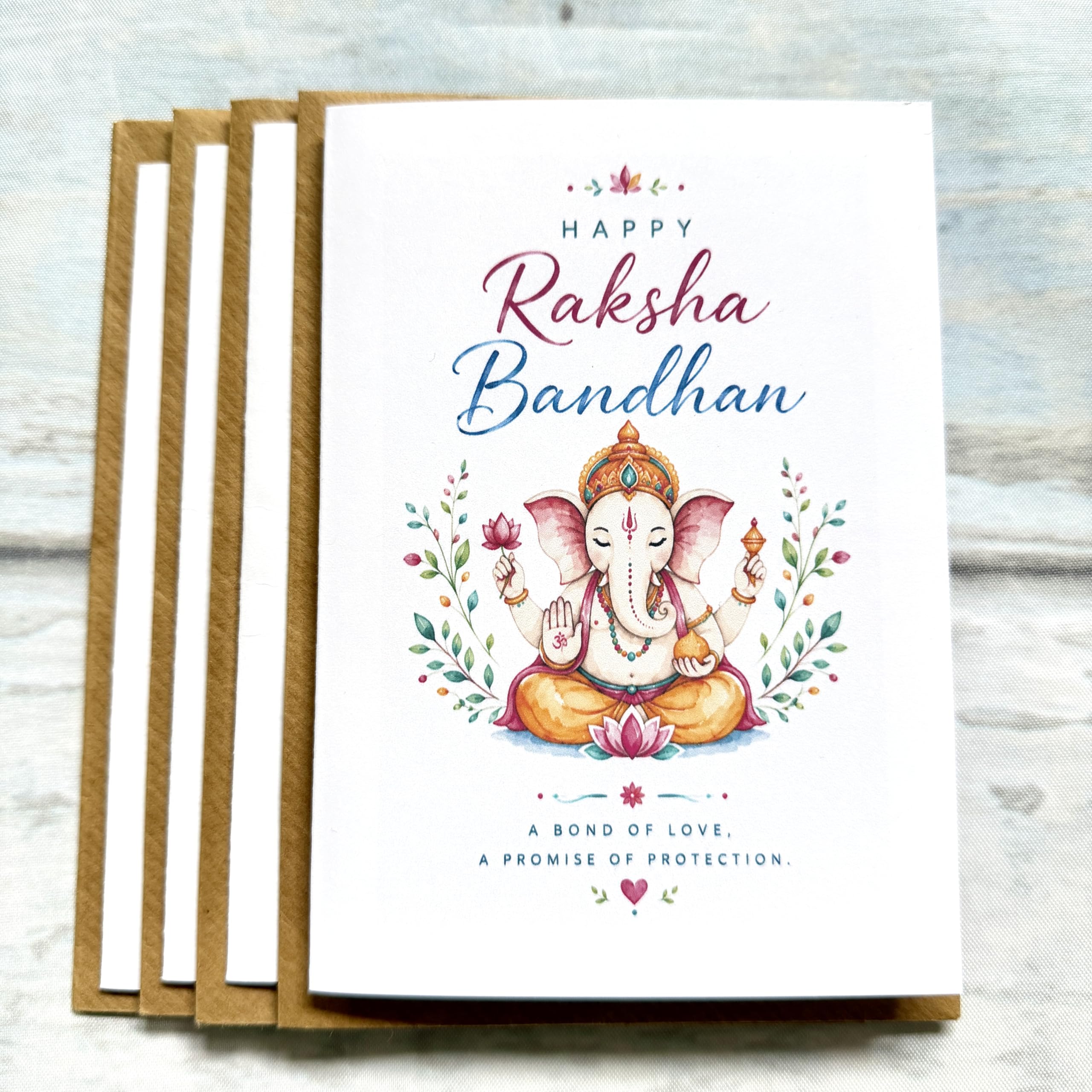 Raksha Bandhan Greeting Cards Pack of 4 with Colourful Ganesh Design, Brown Envelope, Blank Inside, PT, Size A6