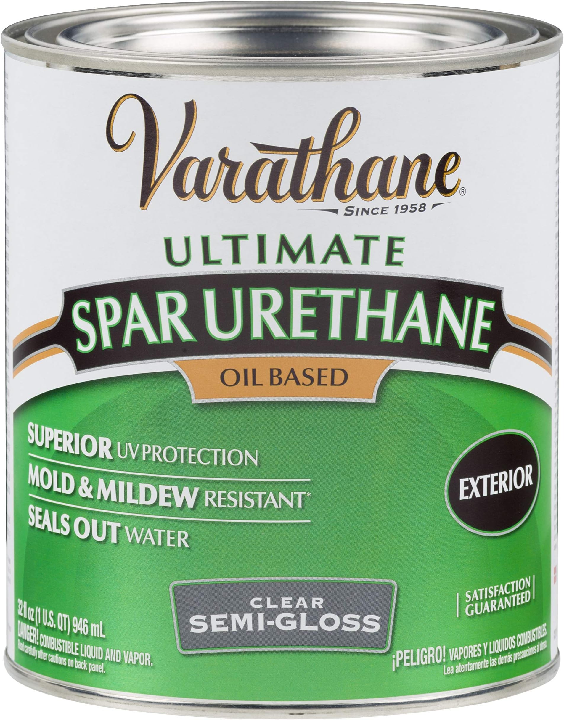 Varathane 242186H Classic Clear Oil Based Outdoor Spar 275 Voc Urethane, Quart, Semi-Gloss Finish