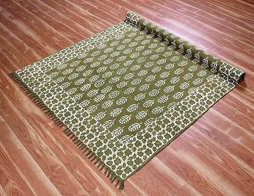 Miniatura 9 de CASAVANI Rag Rug Collection - Alfombra oriental de 2.6 x 4 pies, color verde y beige, hecha a mano, a rayas, de algodón, Dhurrie, ideal para zonas