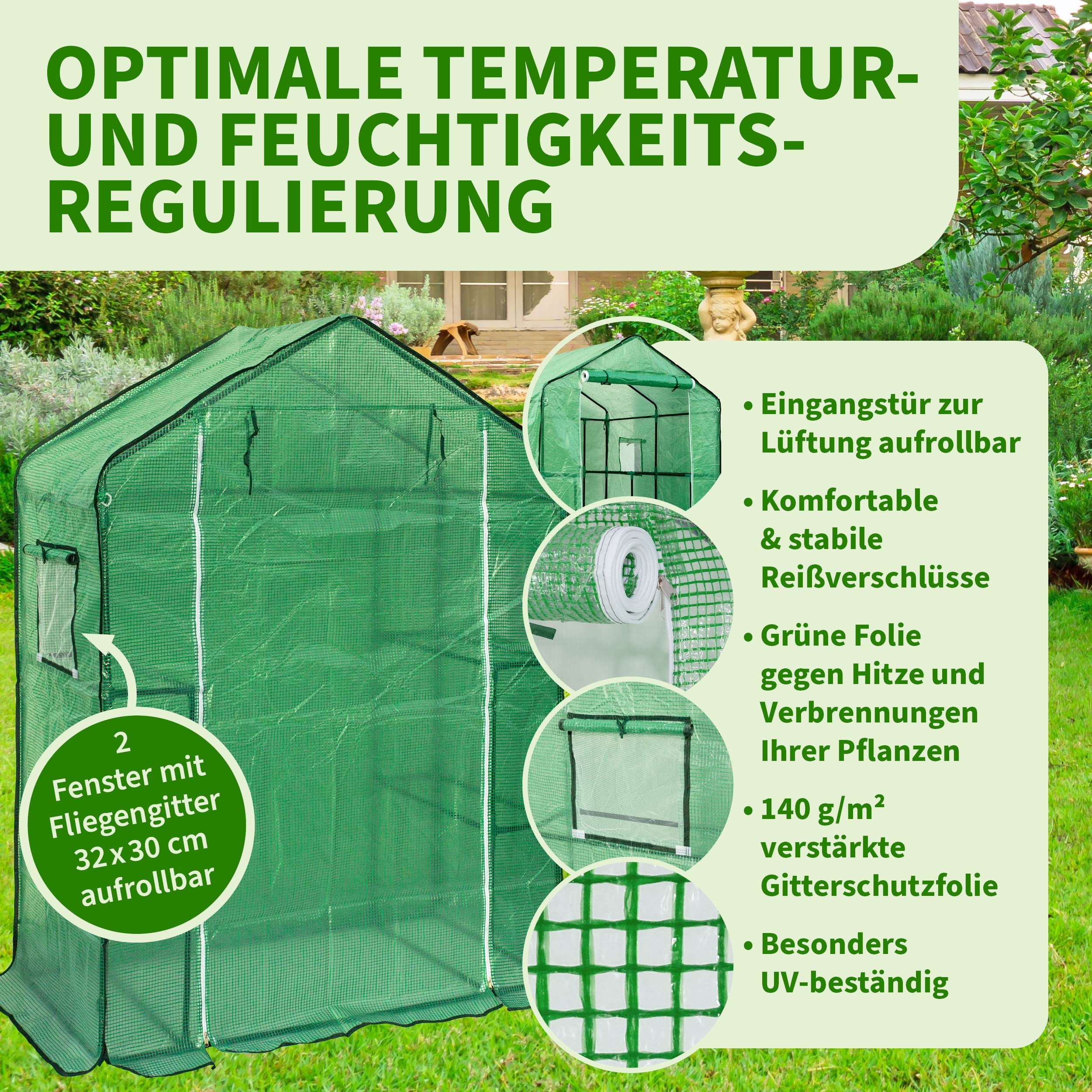 TTL GARDEN Foliengewächshaus 195 x 143 x 73 cm grün für Tomaten & Pflanzen | - Gewächshaus Treibhaus mit Gitter Schutzfolie, 2 Fenster mit Fliegengitter Bodenanker 6 Etagen + Regal Böden Winterfest