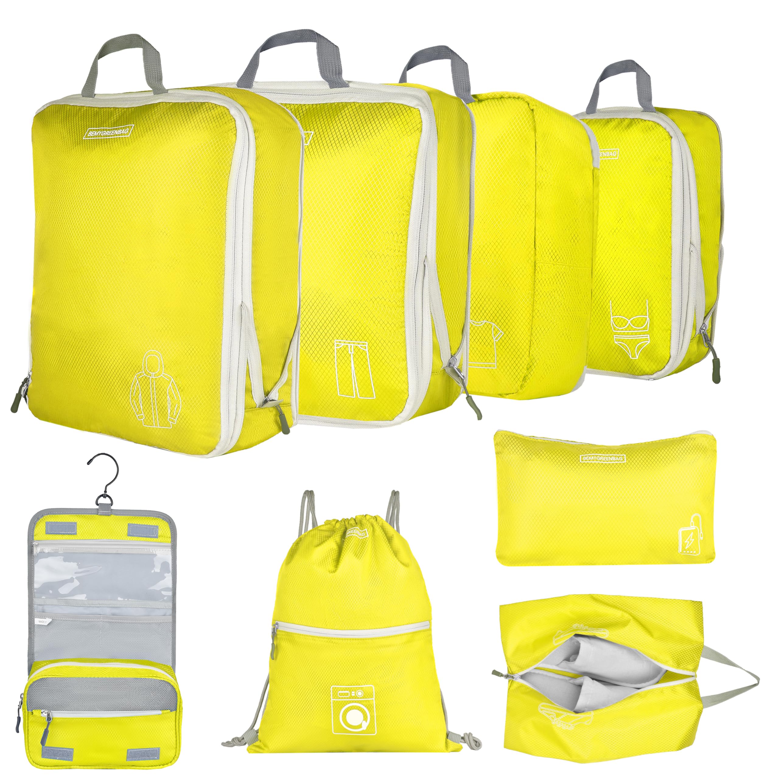 8 Set Expandable Compression Packing Cubes for Suitcases Travel Essentials Carry On Waterproof Storage Bag With Dry And Wet Separation Yellow