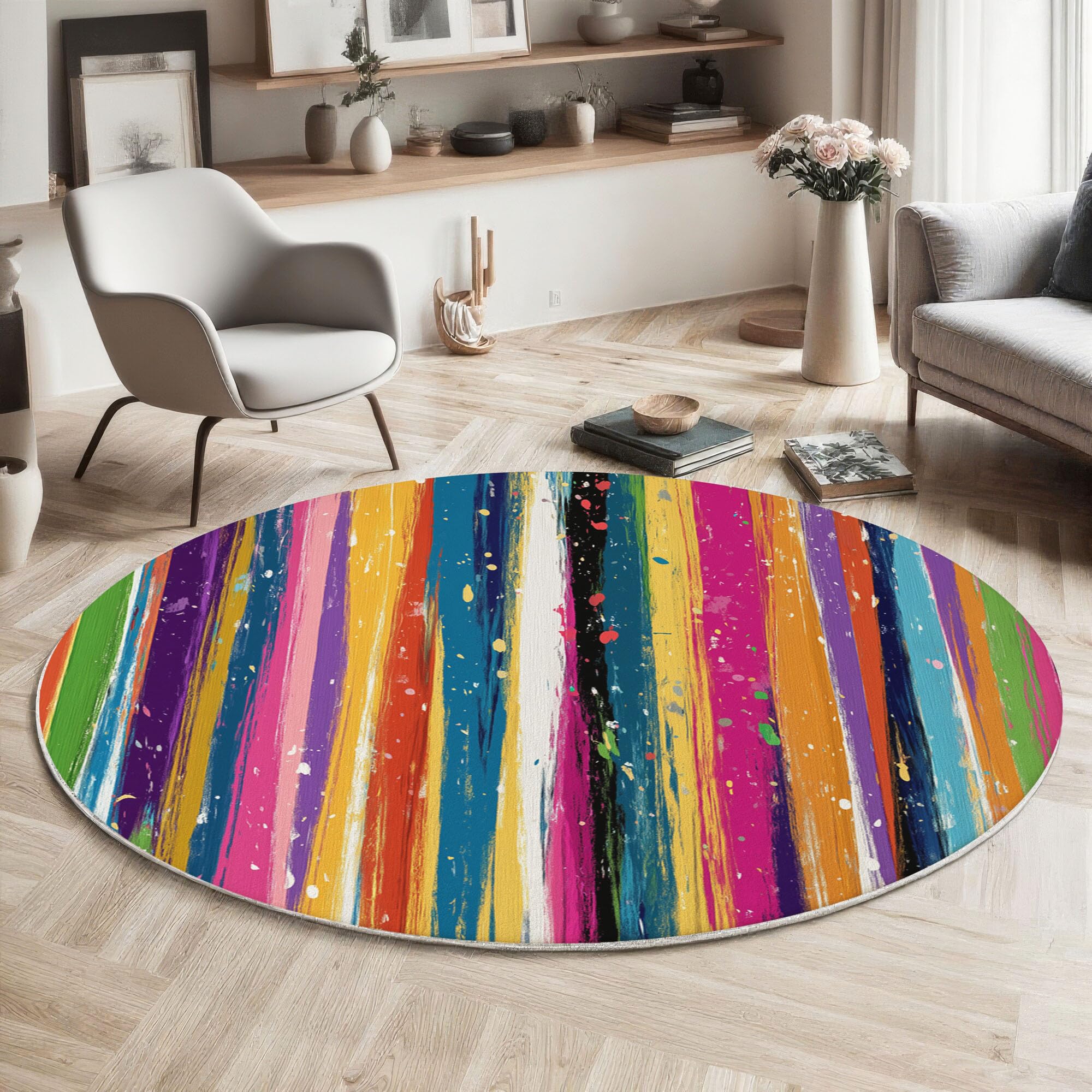 Tapis rond aux rayures abstraites vert et rouge, moquette douce géométrique de 100 cm pour salon