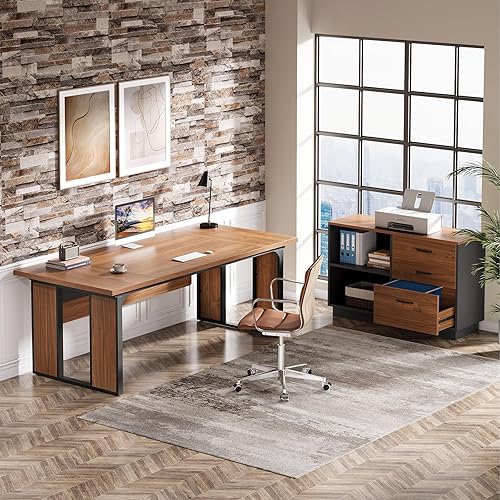 Miniatura 5 de Tribesigns Escritorio ejecutivo en forma de L de 63 pulgadas, mesa de oficina con cajones de 39.37 pulgadas, escritorio grande para computadora con