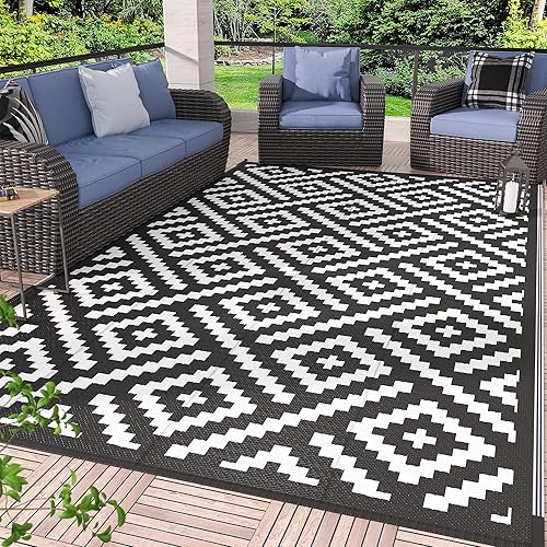 GENIMO Outdoor Rugs 8x10 Waterproof, Reversible Mats, Area Plastic Straw Rug, Outside Carpet, Geometric Rv Mat for Patio Camping Picnic Backyard Deck Balcony Porch Beach Trailer (Black & White)