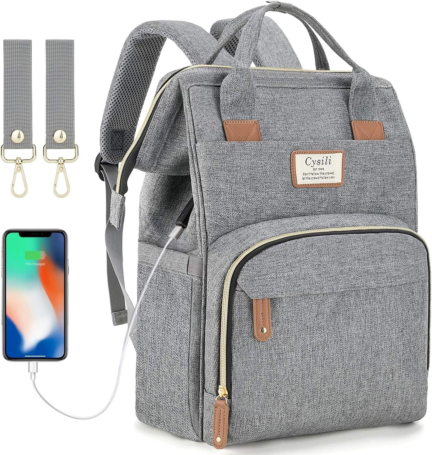 Diaper Bag Backpack with USB Charging Port and Stroller Straps, Maternity Nappy Bag with Insulated Feeding Bottle Pocket (Grey)