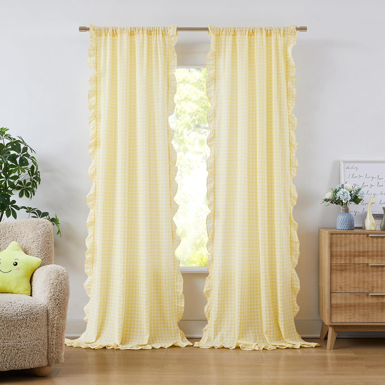 ZJDECOR Shabby Chic Yellow Ruffled Curtains 84 Inches Long,Rustic Buffalo Plaid Crinkled Not-See-Through Sheer Drapes,Farmhouse Window Treatment for Bedrooms Living Room,Rod Pockets,40"x84",Pack of 2