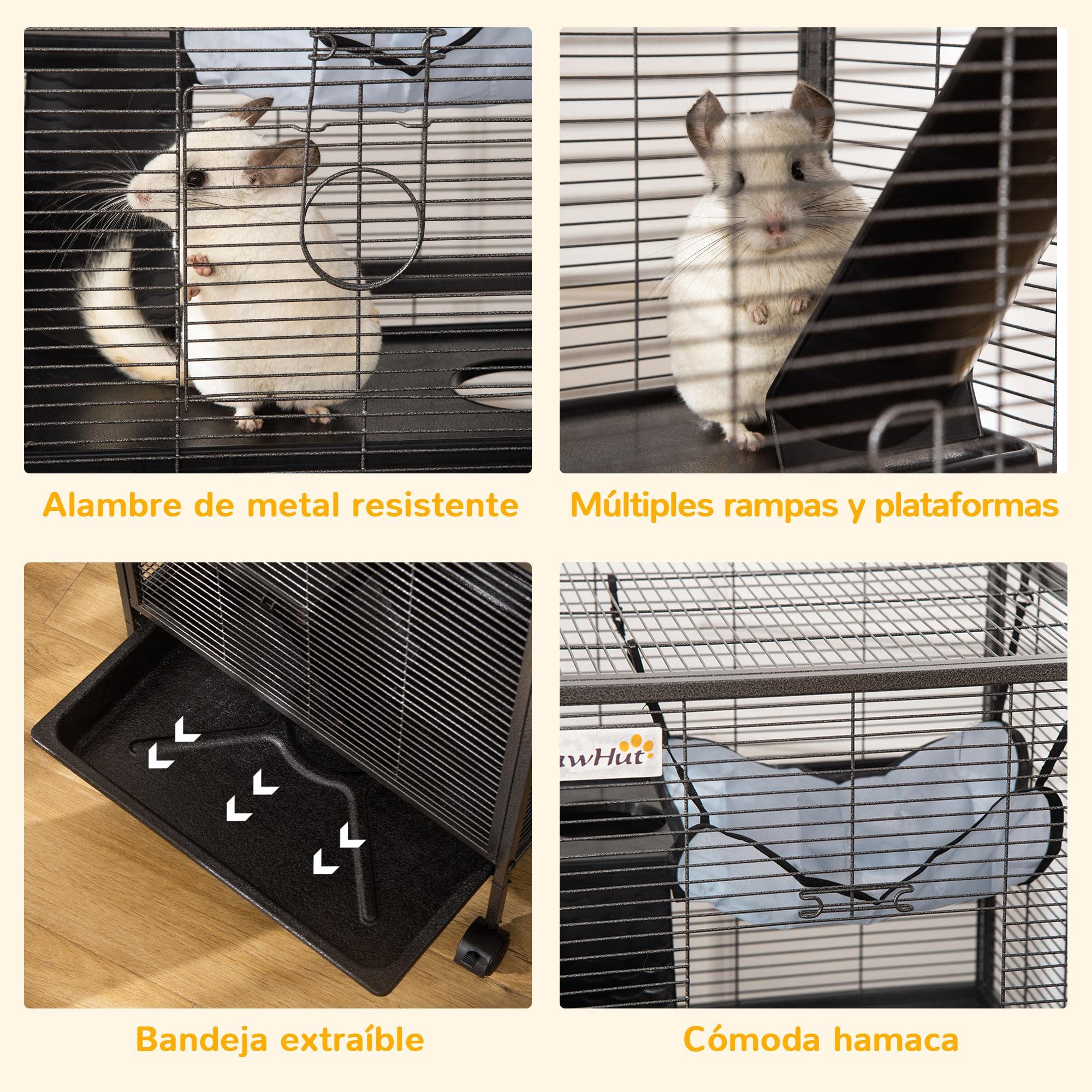 PawHut Jaula para Animales Pequeños de 4 Niveles Jaula para Roedores con Ruedas 2 Puertas 3 Rampas Hamaca Colgante y Bandeja Extraíble para Chinchillas 52x52x113,5 cm Gris Plateado