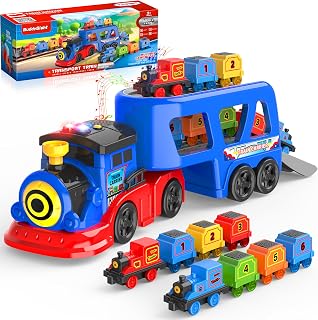 Number Train Set for Kids, Include 1 Transport Trucks, 8 Magnetic Trains | 8 Mini Magnetic Trains, Numbers 1-6, 5 Colors, Light & Sounds, Sensory Toys for Toddlers, Learn to Count, Gifts for Kids 3+