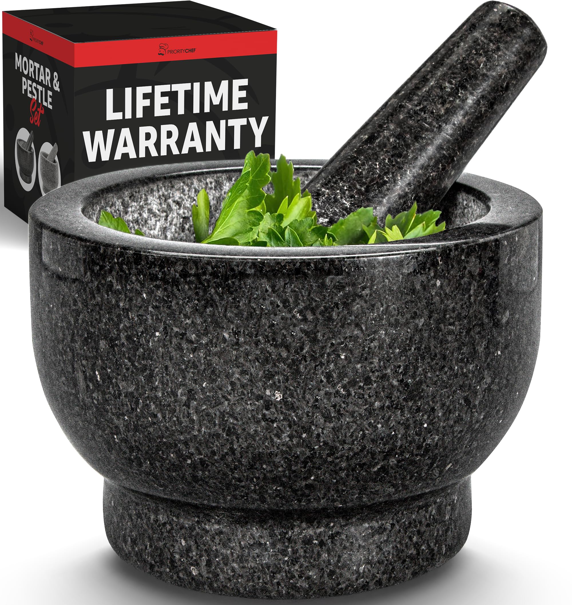 PriorityChef Large Mortar and Pestle Set, 1.5 Cups, 100% Natural Granite Mortar and Pestle Stone Grinder Bowl, Molcajete Bowl, Avocado Masher Guacamole Bowls, Black