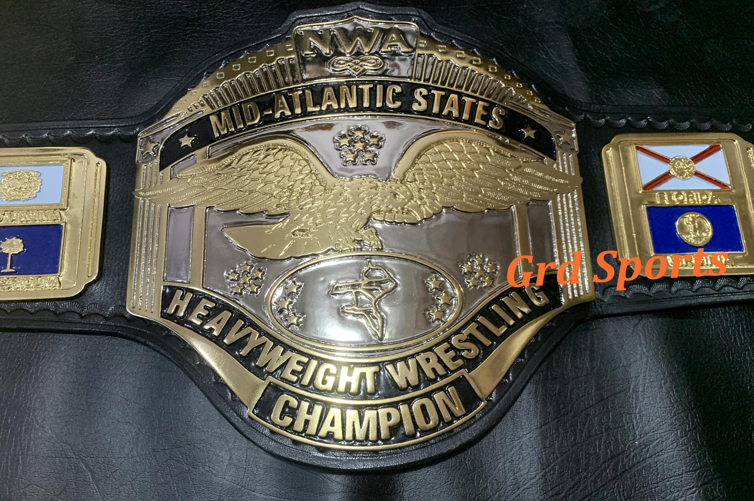 Grd Sports Mid Atlantic States Heavyweight Wrestling Championship Belt, 4mm Zinc Plated, Adult Size, Cowhide Leather Strap