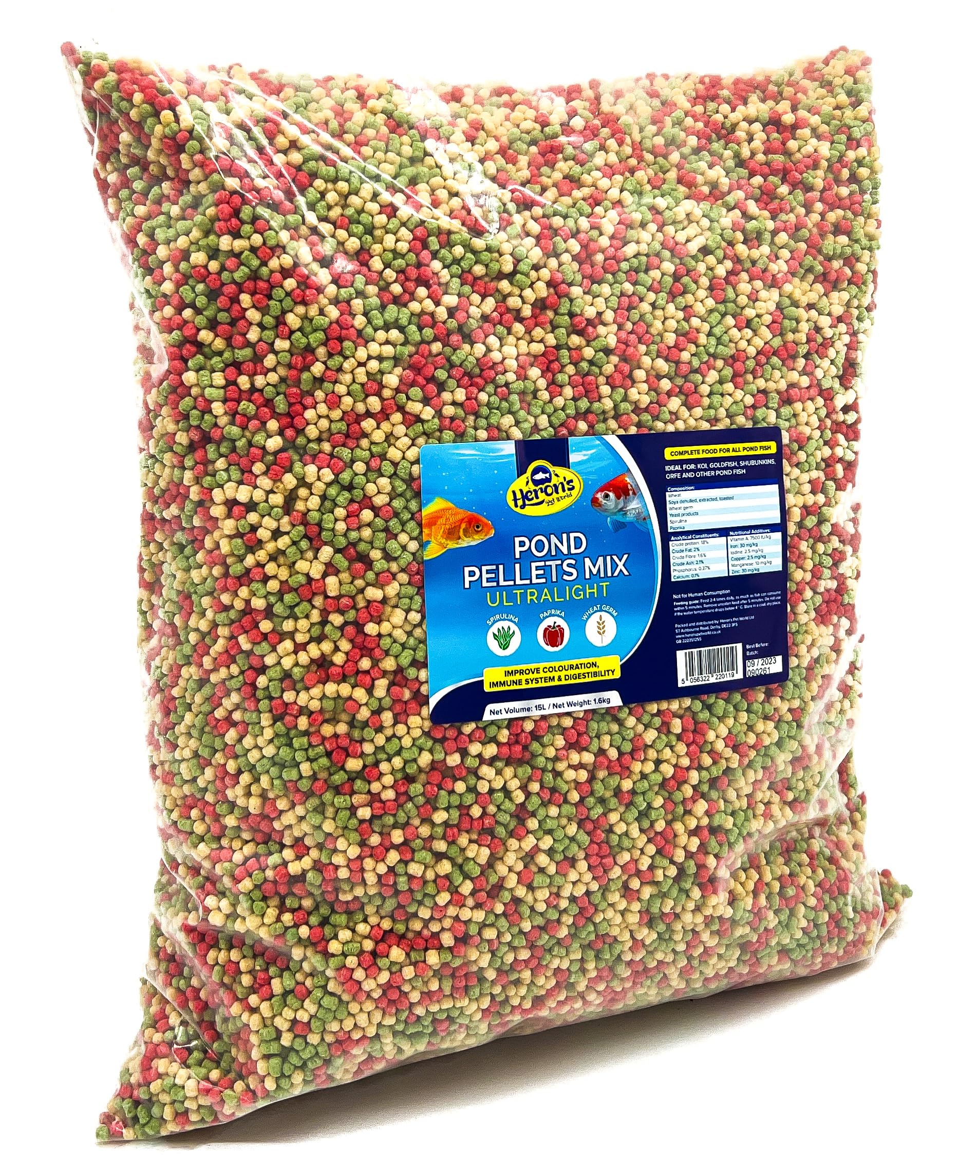 HERONS - Pond Pellets Mix Ultralight 15L - Floating Pellets for Koi, Carp and Coldwater Fish - Immune System Boost - With Spirulina and Paprika - Complete Feed for Pond Fish - 1.6 KG