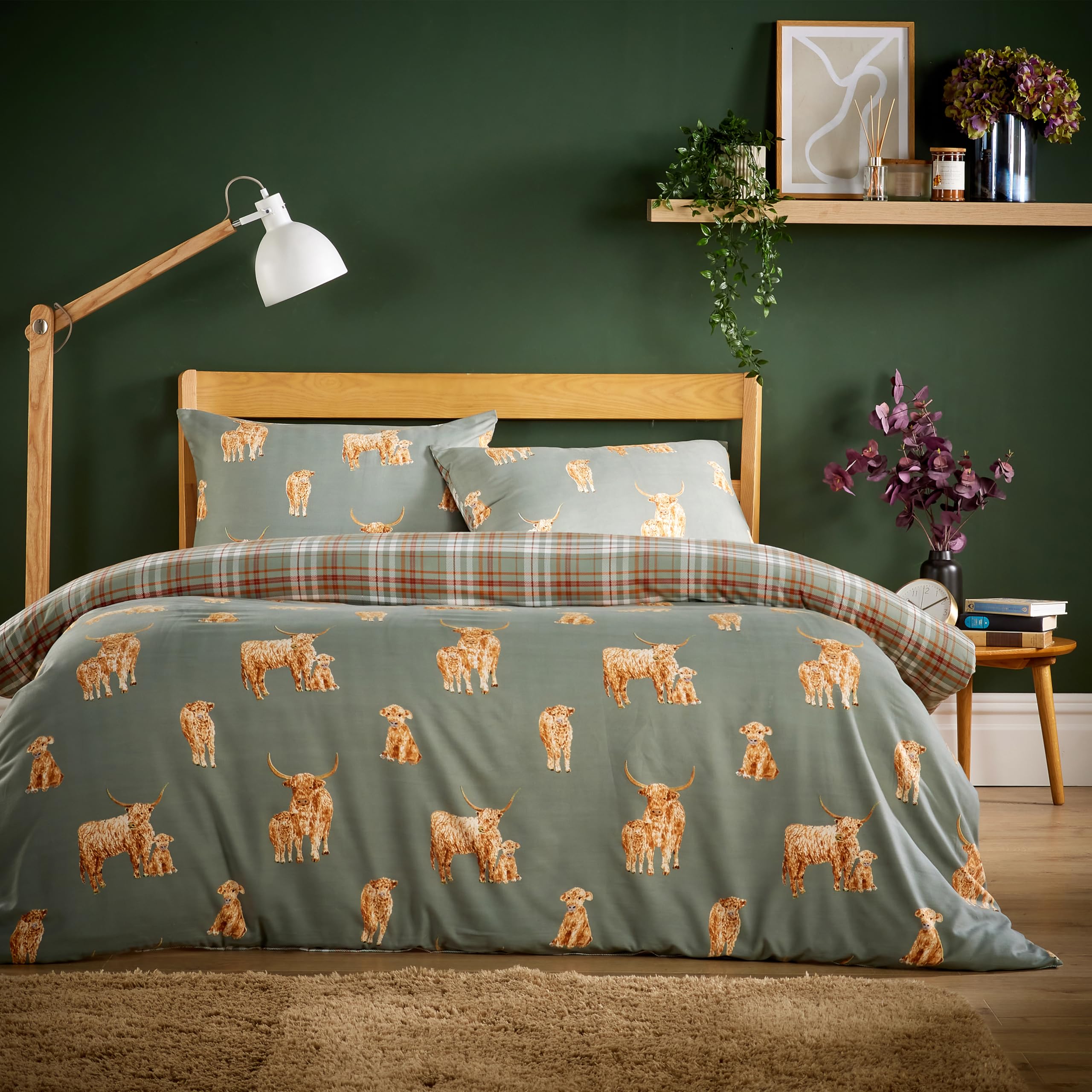 Olivia Rocco Easy Care Printed Duvet Cover Set 100% Microfibre Polyester Breathable Stylish Comforter Reversible Quilted Bedding Bed Sets With Pillowcases, Highland Cow Sage - Double — image 1