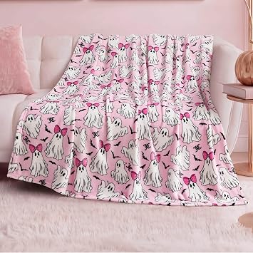 Juicy Couture Girly Ghosts Halloween Plush Throw Blanket, Light Pink, 50"x60"