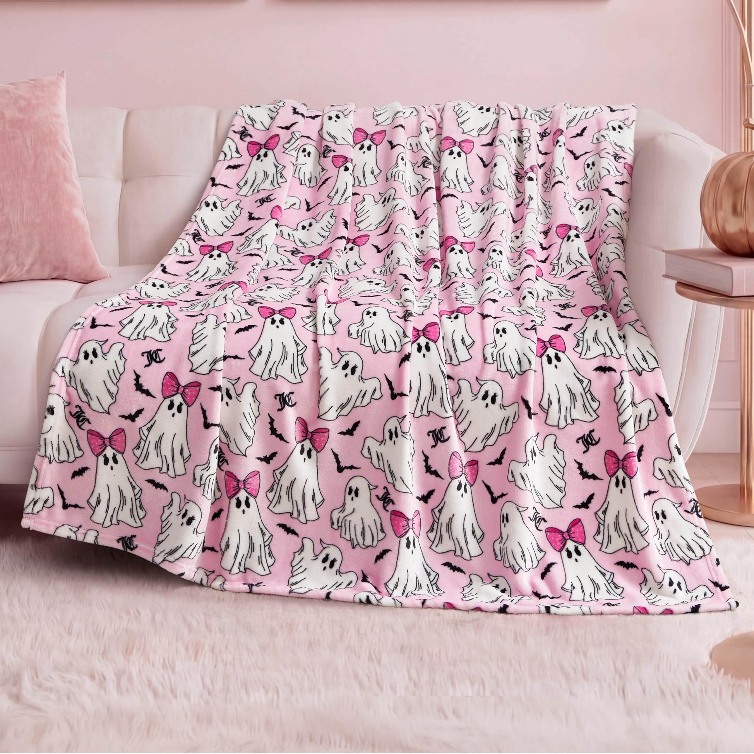 Juicy Couture Girly Ghosts Halloween Plush Throw Blanket, Light Pink, 50"x60"