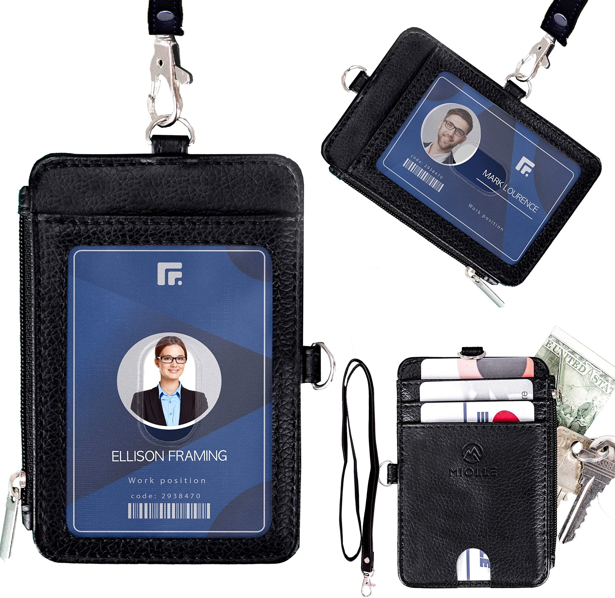 Miolle Black Leather Badge Holder - RFID Neck Wallet with Lanyard - Slim Mini Card Holder Holds up to 8 Cards