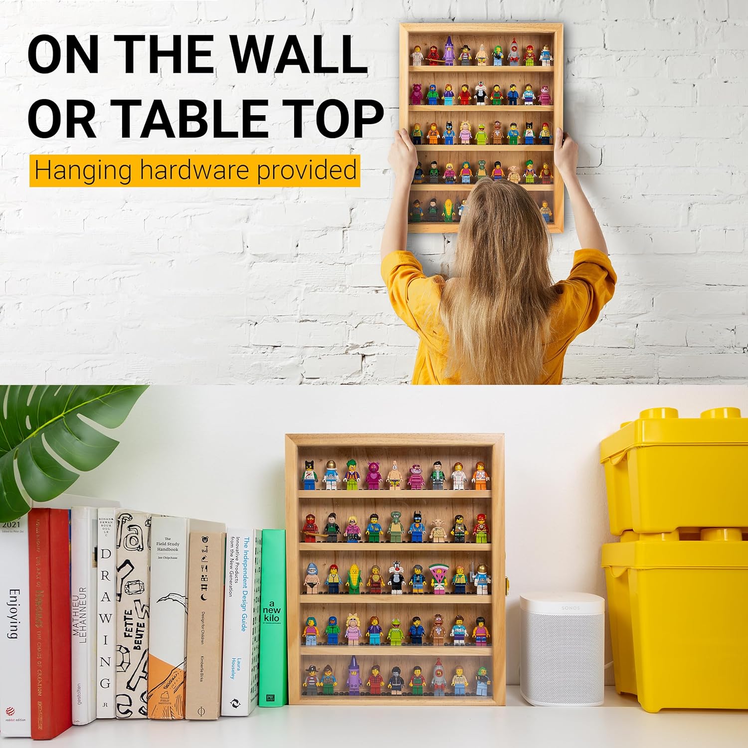 Minifigure Display Case, Lego Building Block Toy Miniature Action Figure Display Case for Lego Mini Figure Display Case Minifig Display Case Mini Figure Display Cabinet, Number Lock (Pine)