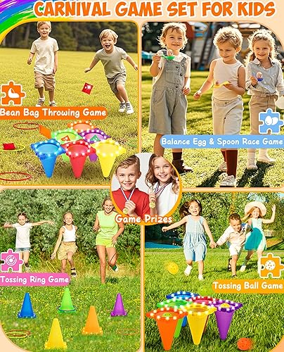 Miniatura 4 de Eocolz Juego combinado de 49 piezas de juegos de carnaval al aire libre para niños con luz LED, conos de plástico, obstáculos, puf, bolas de