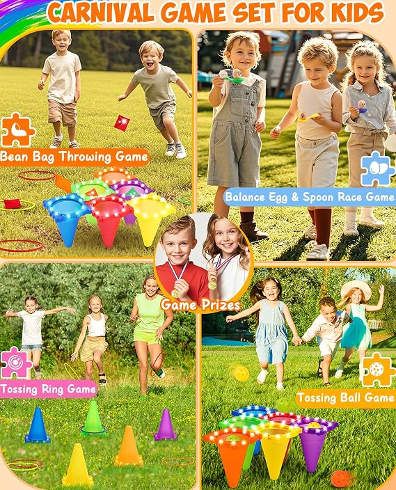 Eocolz 49PCS Carnival Game Kids Outdoor Set Ring Toss LED Cones Bean Bags