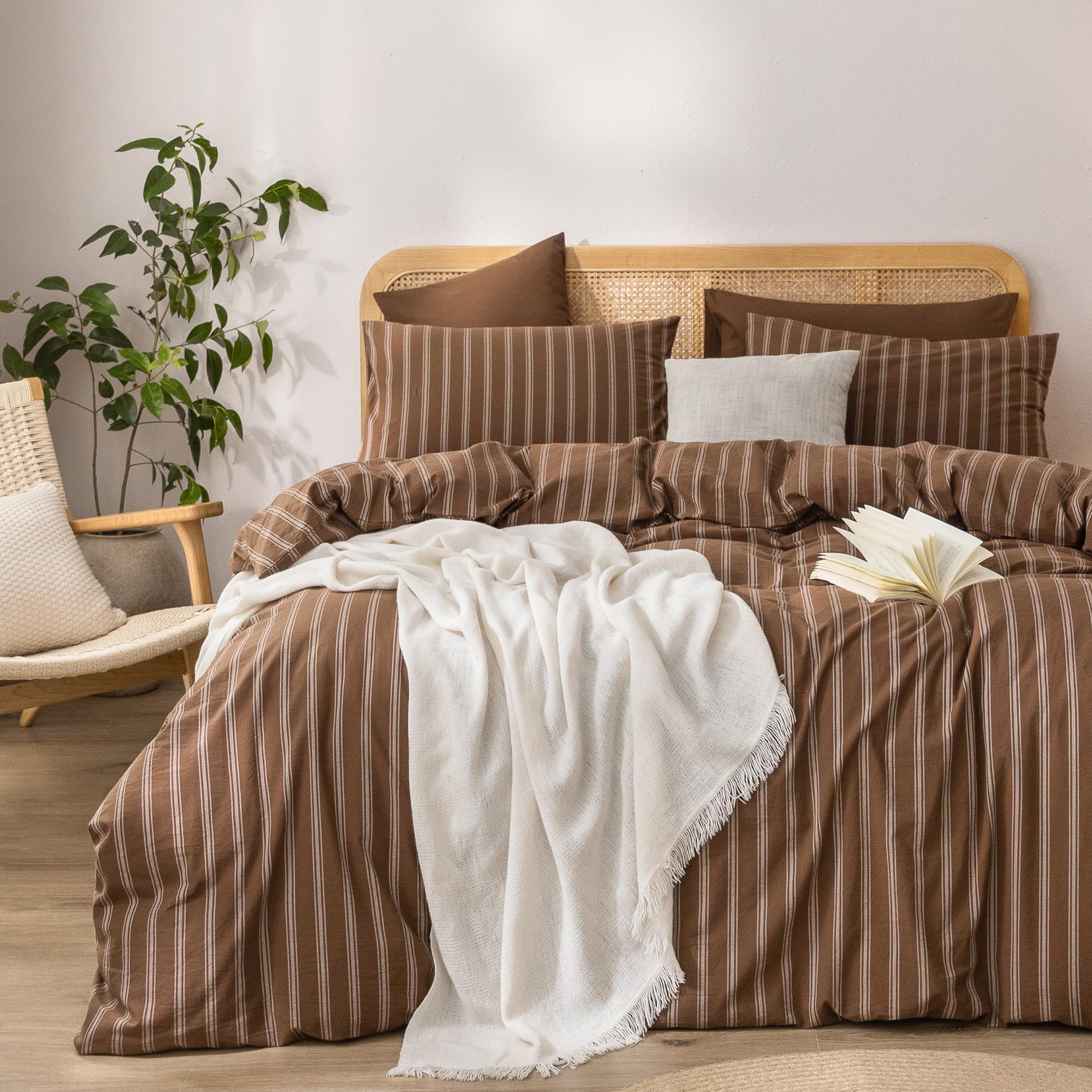BESTOUCH Striped Cotton Duvet Cover Set Linen Feel King