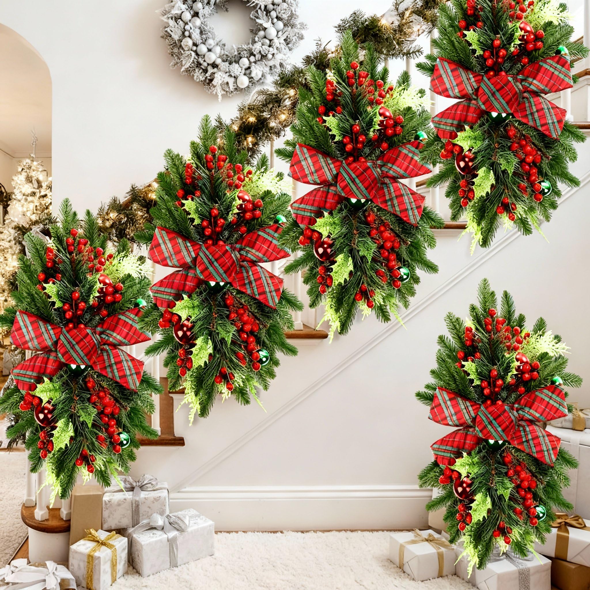 Guirlande d'escalier artificielle de Noël forme goutte d'eau motif grille rouge et vert Lyrow