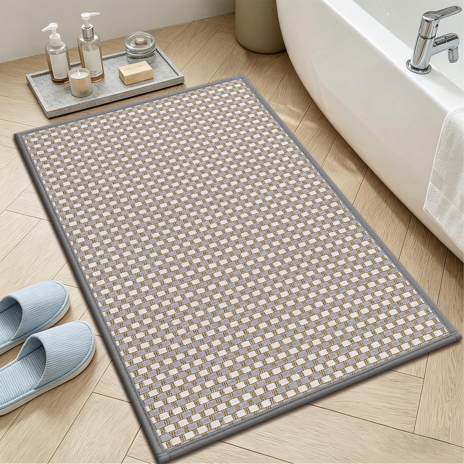 Enyhom Bath Mat 43x76cm, Small Bathroom Mat Floor Rug, Grey&White