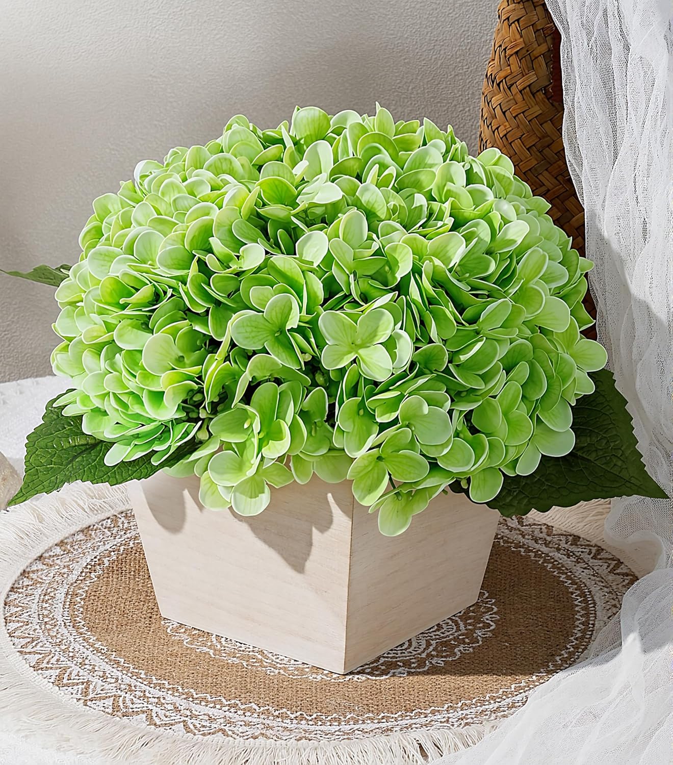 Artificial Hydrangea Flowers Arrangement in Wood Planter, 4PCS Fake Green Flowers in Wooden Vase Potted Floral Centerpieces for Tables Living Room Home Office Room Shelf Kitchen Decor