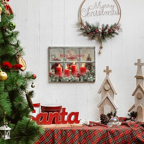 Miniatura 3 de NIKKY HOME Lienzo de Navidad con iluminación LED de 16 x 12 pulgadas, impresiones artísticas de velas iluminadas con bayas rojas, escena de ventana