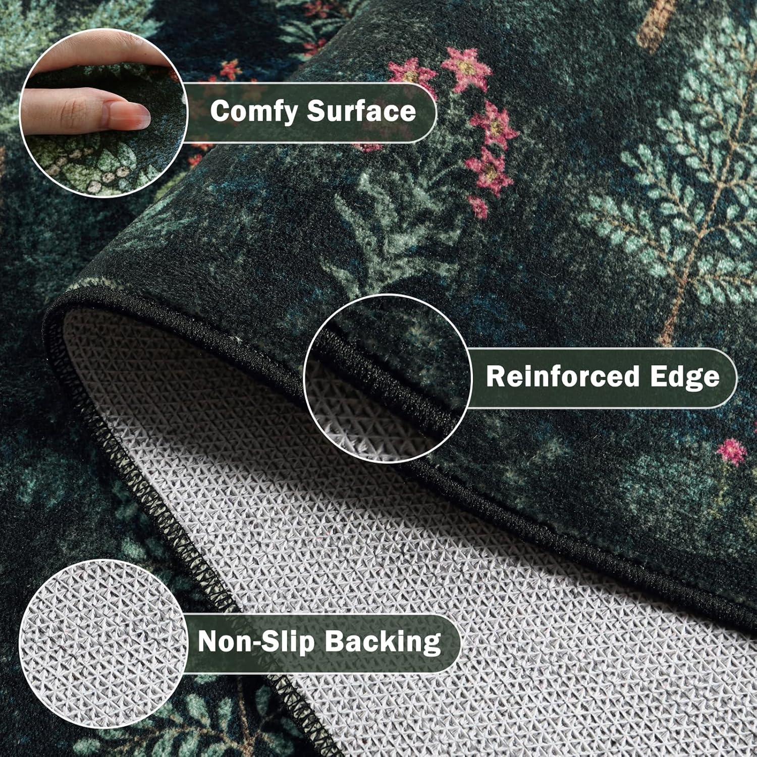 Beeiva 2x6 Runner Rug for Entryway, Dark Green Vintage Forest Washable Kitchen Runner for Bedroom Beside Bed, Faux Wool Stain Resistant Hallway Rug Boho Botanical Print Decor(Dark Green,2x6ft)