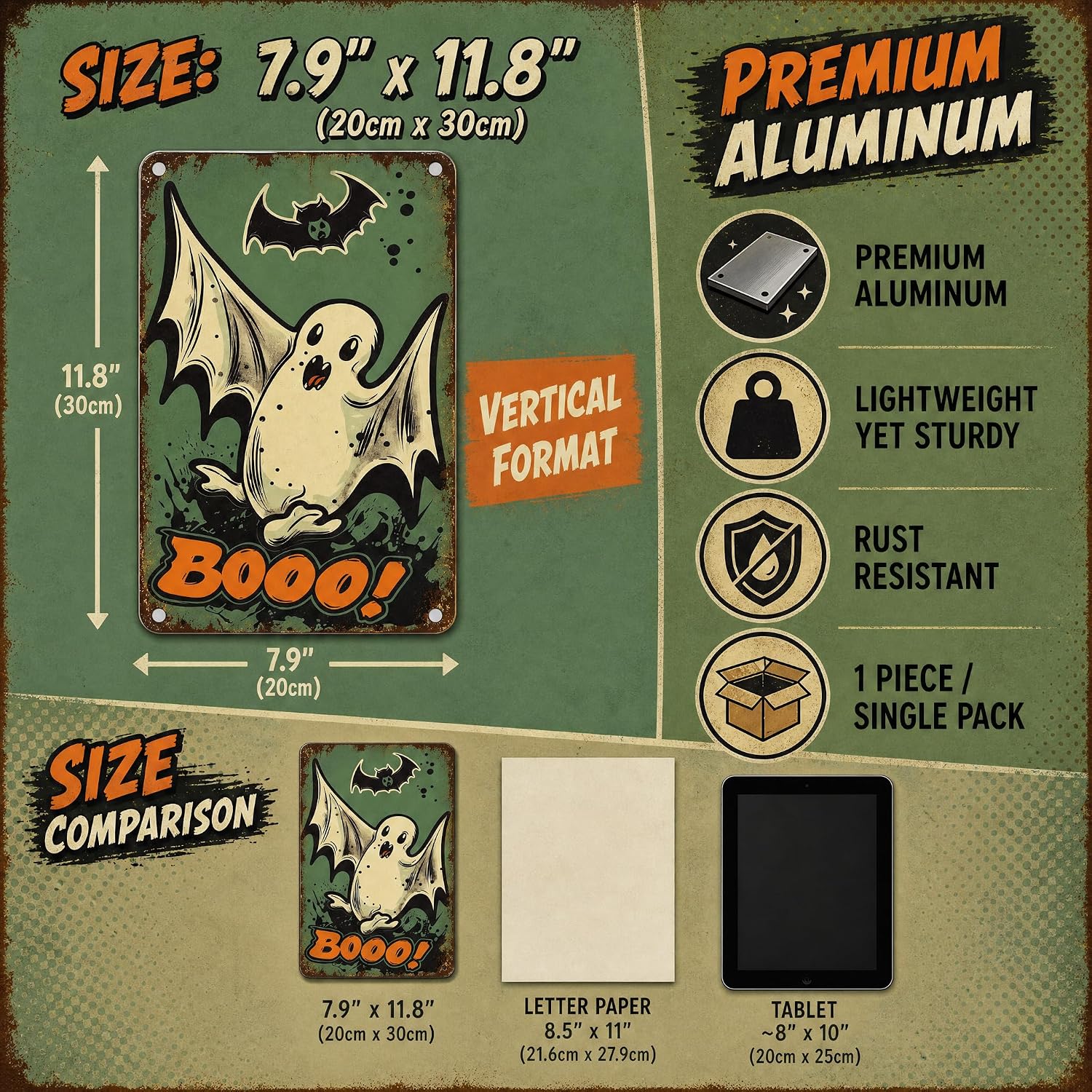 12x8in Booo Ghost Bat Tin Sign–Funny Vintage Halloween Room Wall Decor image 5