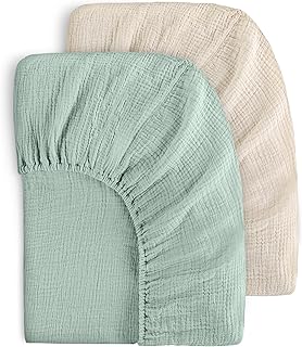 Yoofoss Muslin Crib Sheets for Boys Girls 100% Cotton Fitted Baby Crib Sheet 2 Pack Soft and Breathable for Standard Crib Mattress & Toddler Mattress 52"x28" Apricot&Green