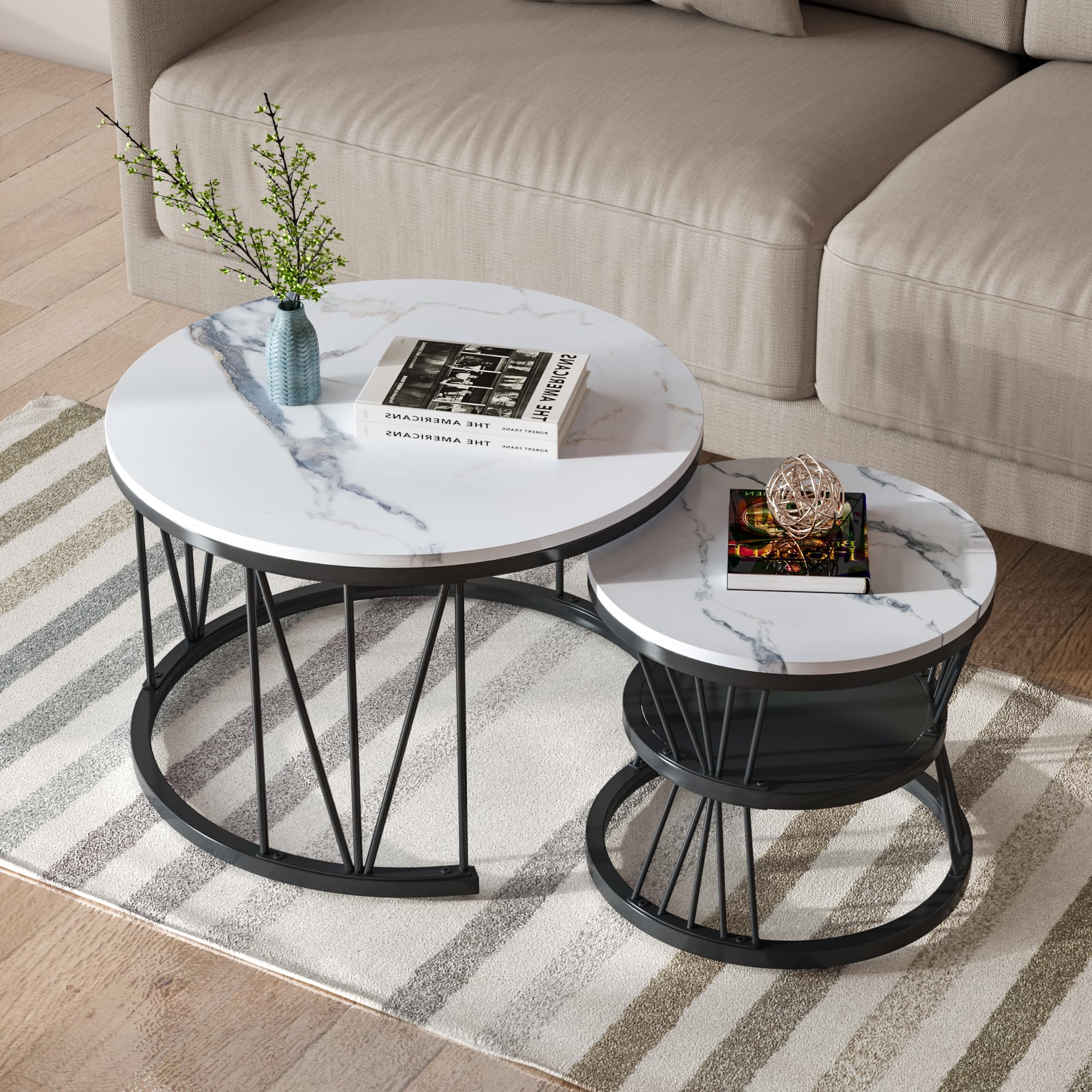 MASAJIA Beistelltische Rund 2er Set, Nesting Tische für Couchtisch, 2-TLG Verschachtelt Kaffeetisch Rund für Wohnzimmer Sofa,Metallgestell & MDF mit