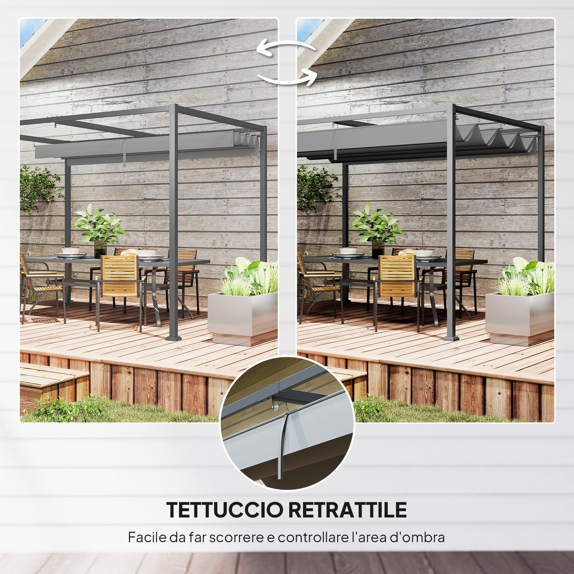 Outsunny Gazebo Pergola 3x2 m con Tettuccio Retrattile, Drenaggio, Picchetti e Viti, Poliestere e Metallo, Grigio