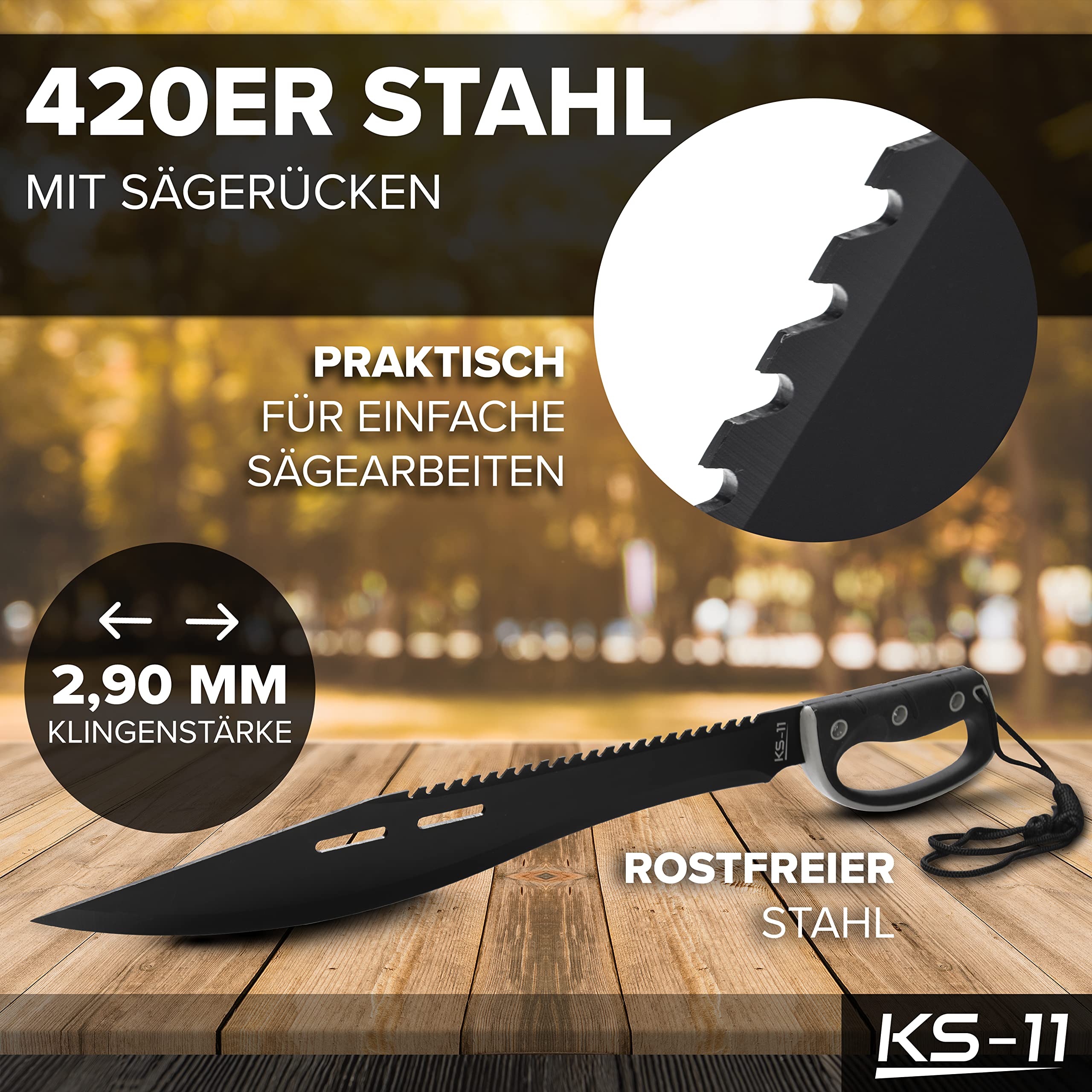 KS-11 Machete mit Säge in Schwarz mit Stabilen Griff und Handschutz Gesamtlänge ca. 61 cm, 420er Edelstahlklinge 420 Rostfrei Machete Survival