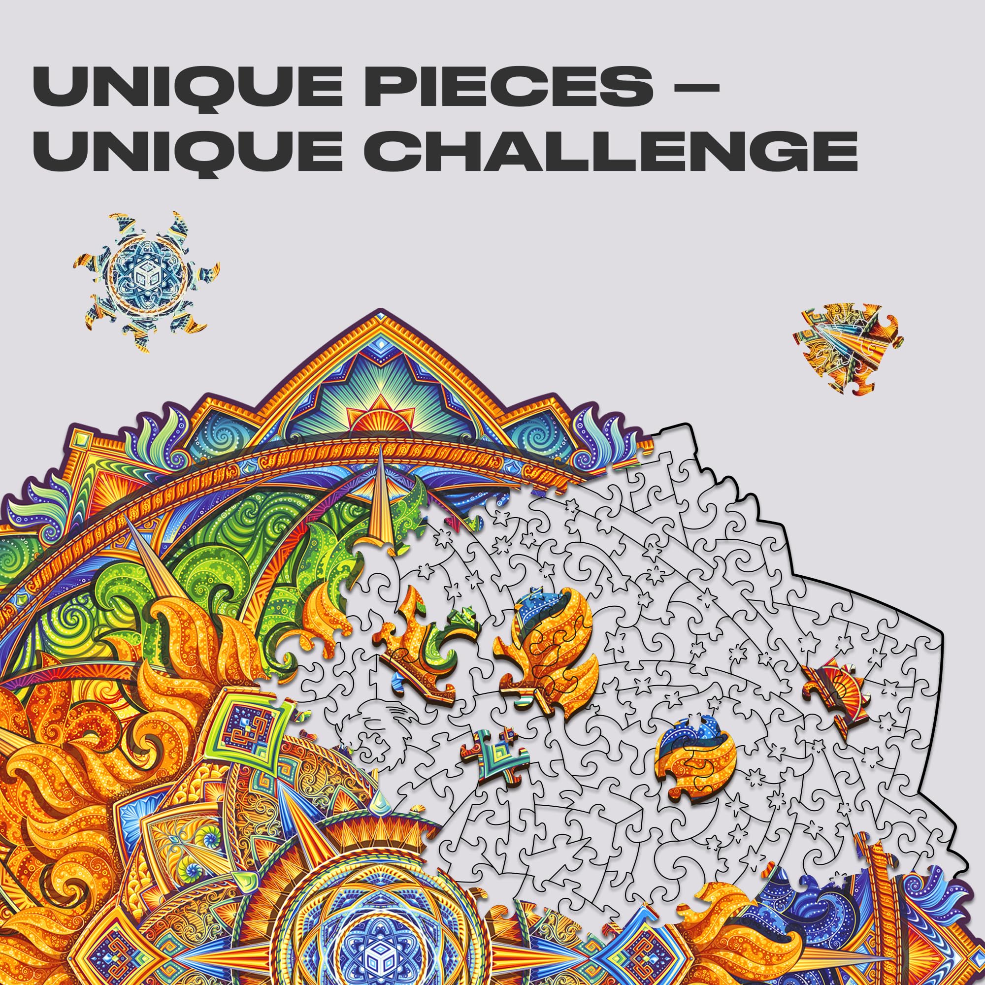 UNIDRAGON Mandala Nascent Sun Wooden Jigsaw Puzzle for Adults - 700 Unique Shaped Pieces - Royal Size 45 x 45 cm