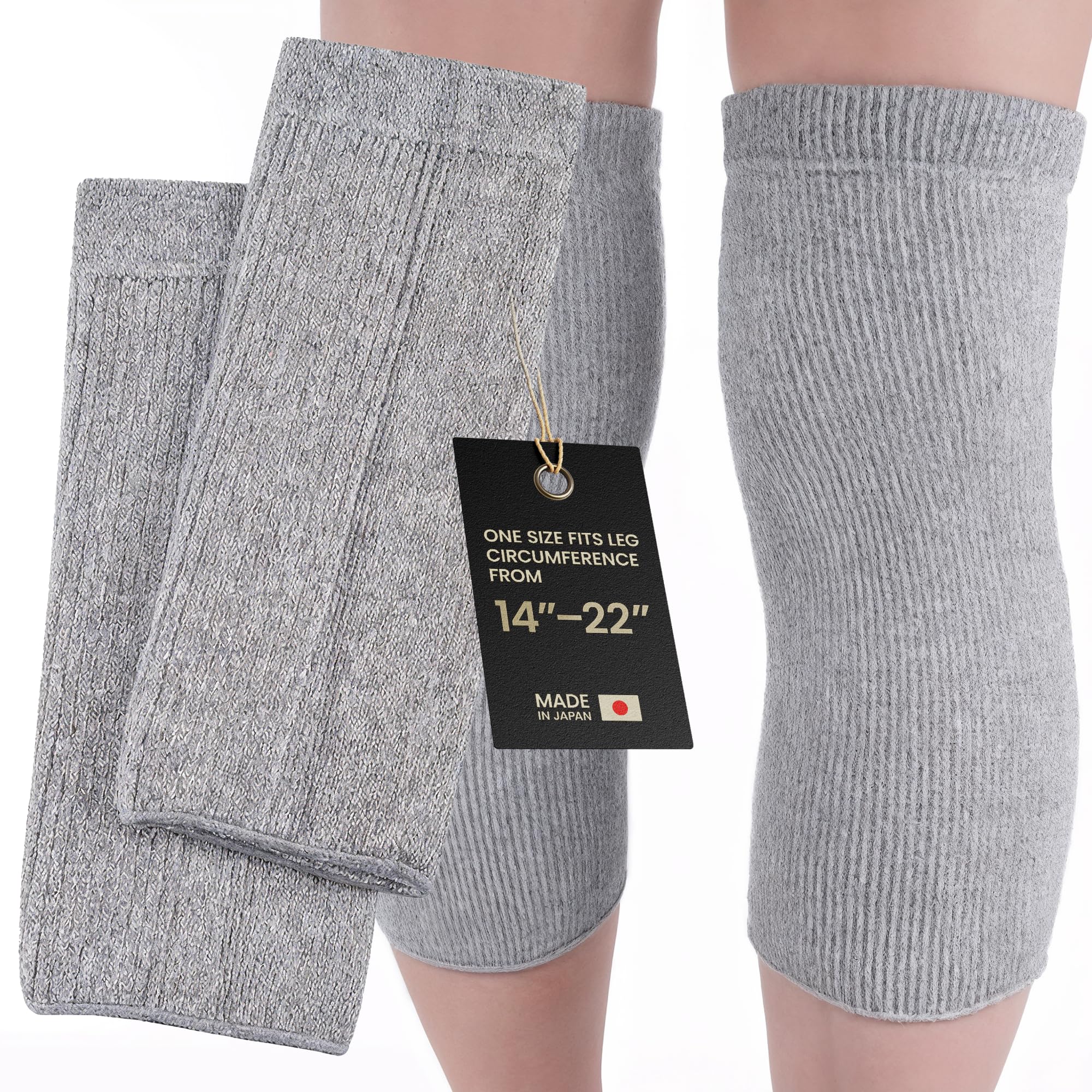 Knee Warmers, Elastic Cotton Knee Sleeves - For Women, Men, Circulation Improvement and Joint Pain Relief for Arthritis Knees, Knitted Binchotan Charcoal Yarn, One Pair, Made in Japan