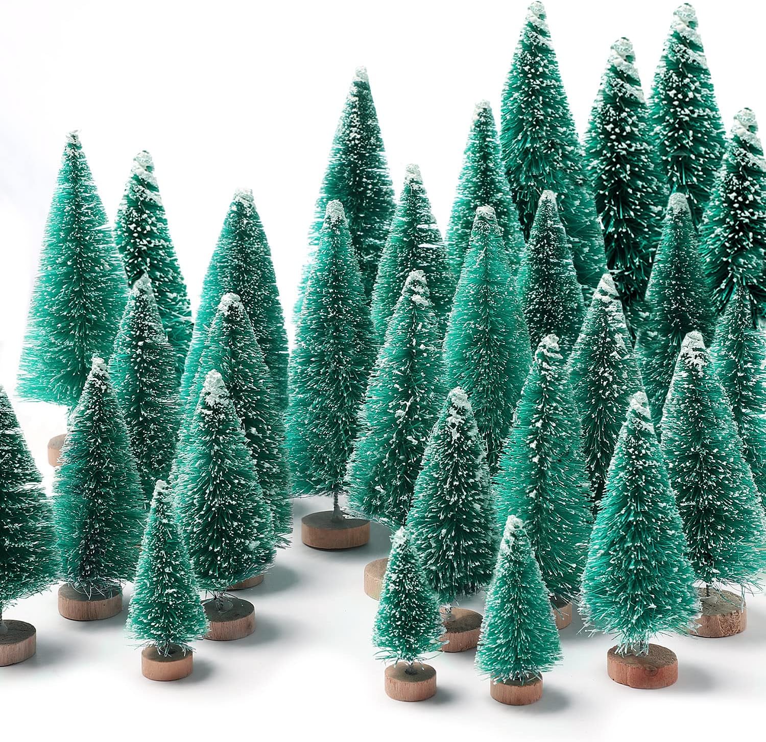 30Pcs Mini Christmas Trees - Artificial Christmas Tree Bottle Brush Trees,Sisal Snow Trees with Wooden Base for Christmas Decor Party Home Table Craft Decorations(Green)