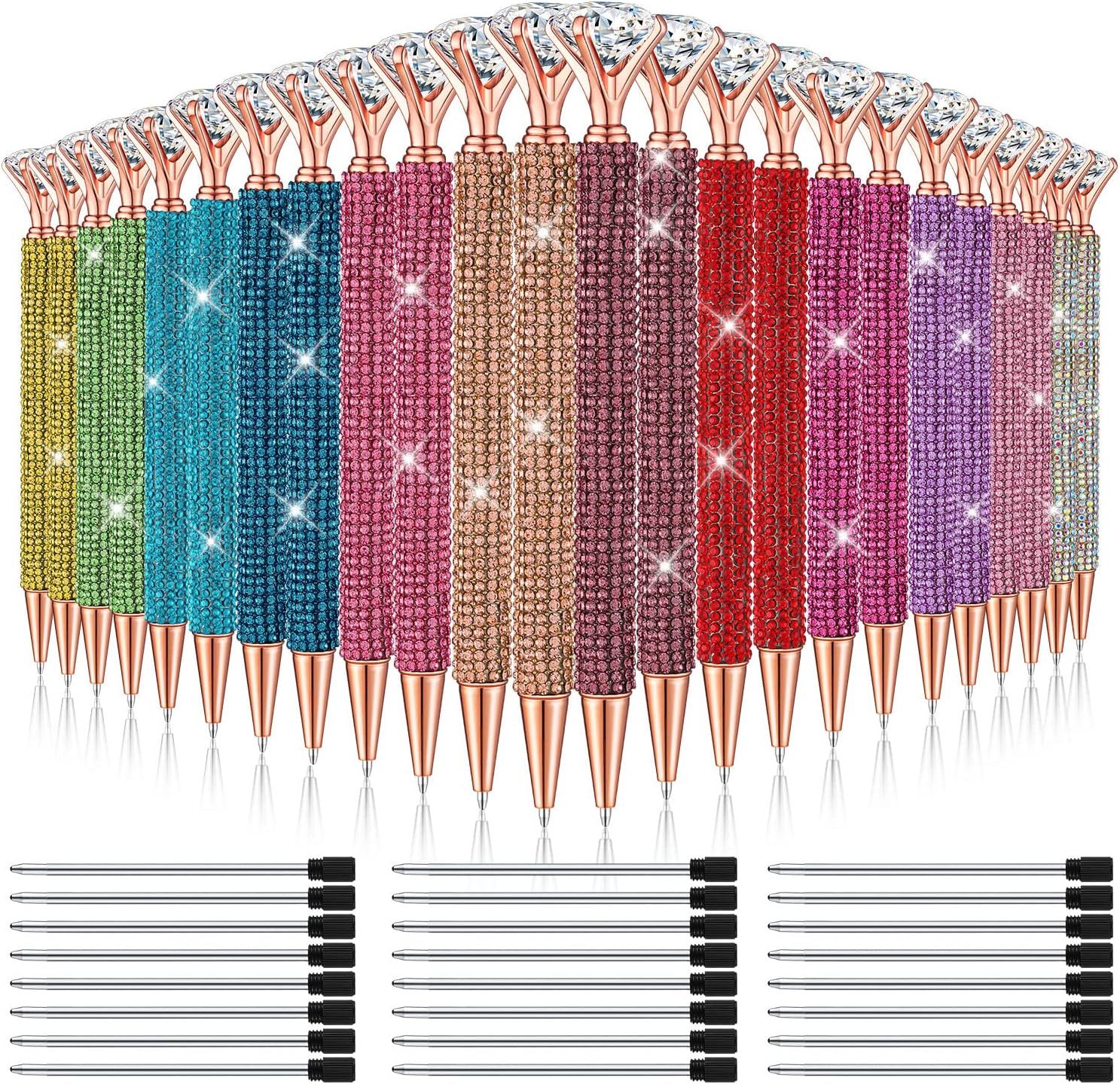Seajan 24 Pcs Rhinestone Pens with Black Ink, Crystal Bling Retractable Ballpoint Pens for Wedding Guest Book, Bridal Shower, Party Favors, Office and Gifts(Multi Colors)