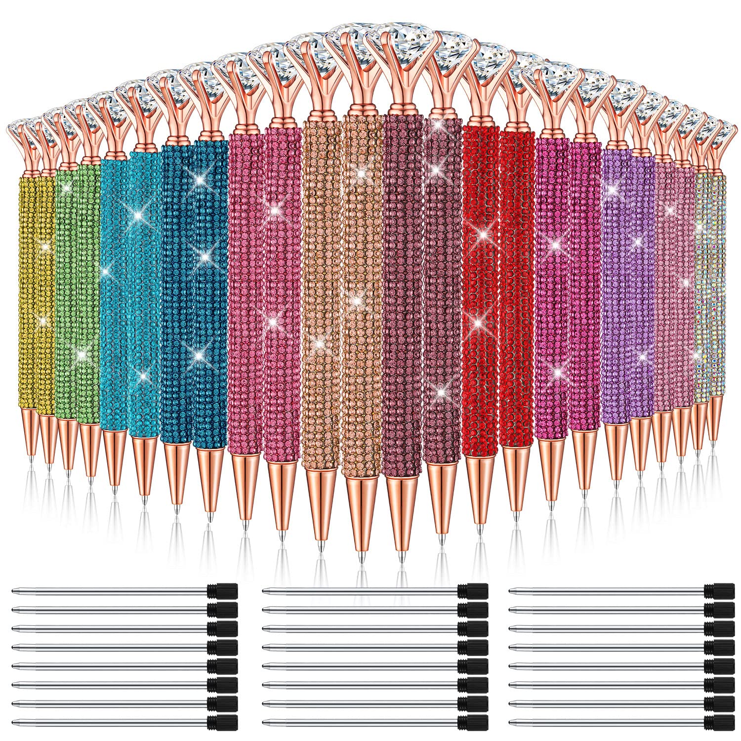 Seajan 24 Pcs Rhinestone Pens with Black Ink, Crystal Bling Retractable Ballpoint Pens for Wedding Guest Book, Bridal Shower, Party Favors, Office and