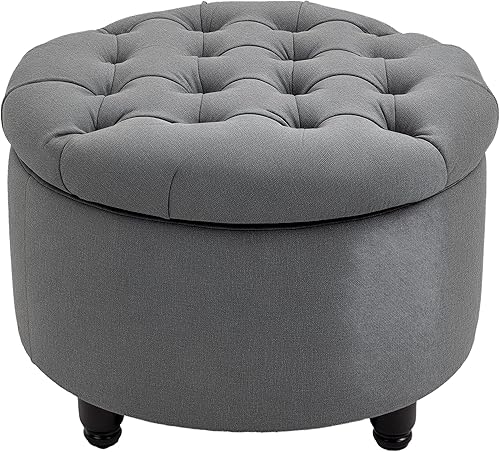 HOMCOM Reposapiés redondo de tela de lino al tacto con botones capitoné con tapa extraíble, color gris