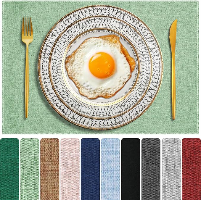 Sage Green Cloth Placemats Set of 6, Cotton Linen Blend Machine Washable Double Layered Durable Place Mats Heat Resistant Placemats Wrinkle Free Thick Fabric Dining Table Mats (Light Green, 6)