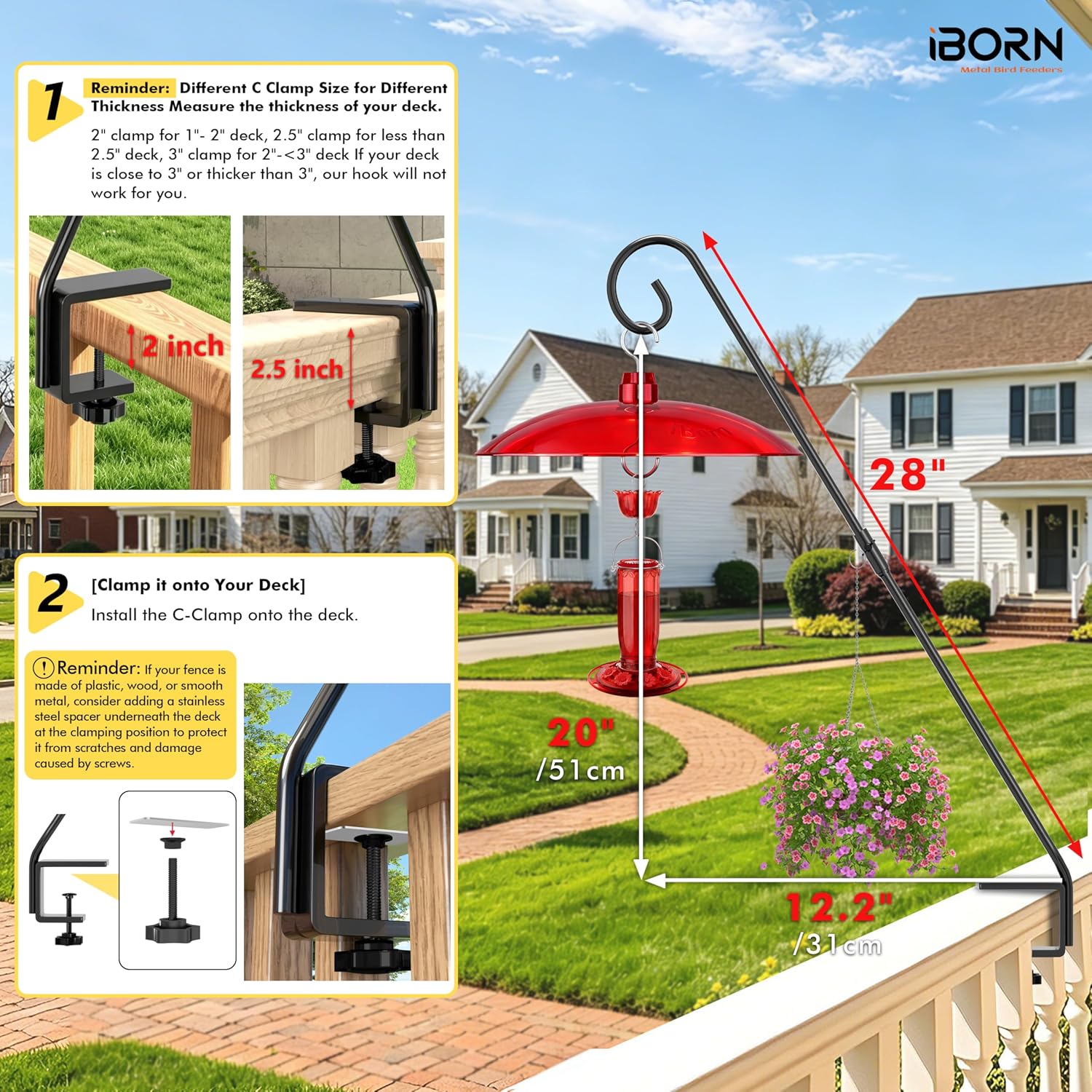 iBorn 28" Deck Hook for Outdoor,Heavy Duty Bird Feeder Pole for Hanging Bird Feeder, Planter, Suet Baskets, Wind Chimes, Solid Wire, Pack of 1