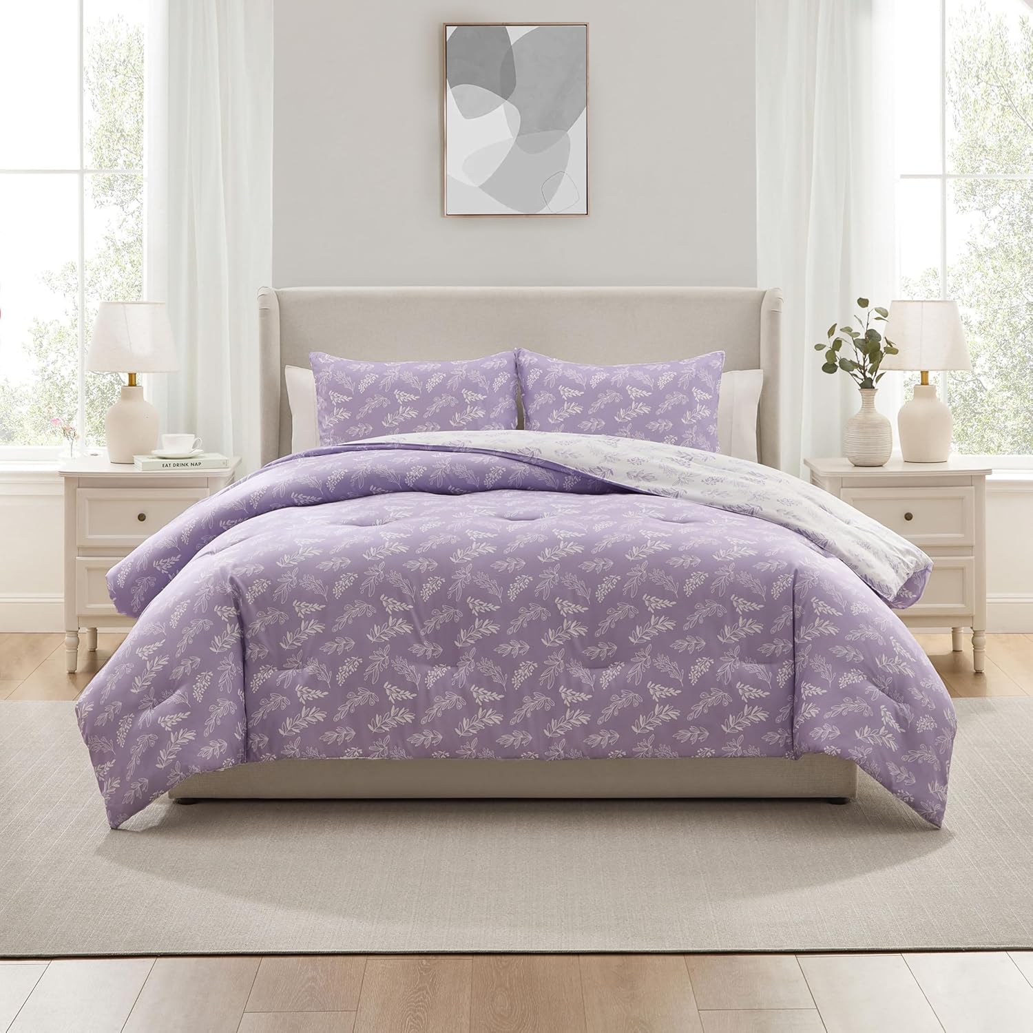 Nestl Queen Comforter Set - Lavender Bed in a Bag Queen Size, 3 Pieces Reversible Bed Set, Soft Floral Bedding Set, All Season Botanical Comforters with Pillow Shams