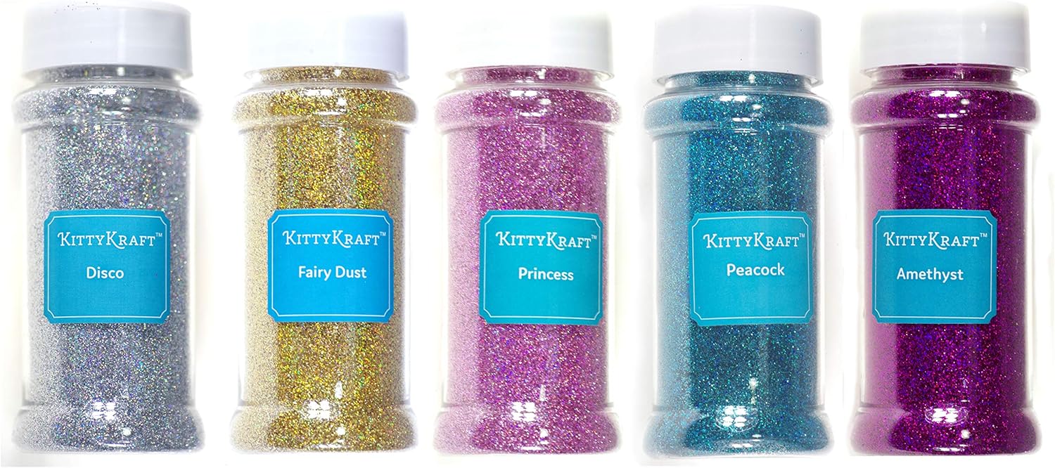 KittyKraft 5 Piece Extra Fine Glitter Set (Holographic Collection)- Includes Silver, Gold, Pink, Blue, and Purple Holographic Glitter- Perfect for Crafts and Slime