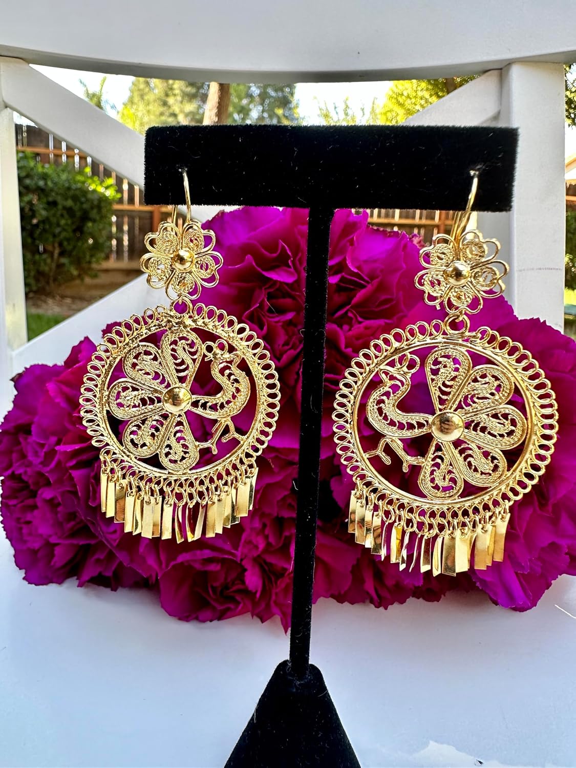 Folklorico Dance Traditional Mexican Gold Filigree Earrings, Peacock Earrings, Day of the Dead, Mexican Earrings