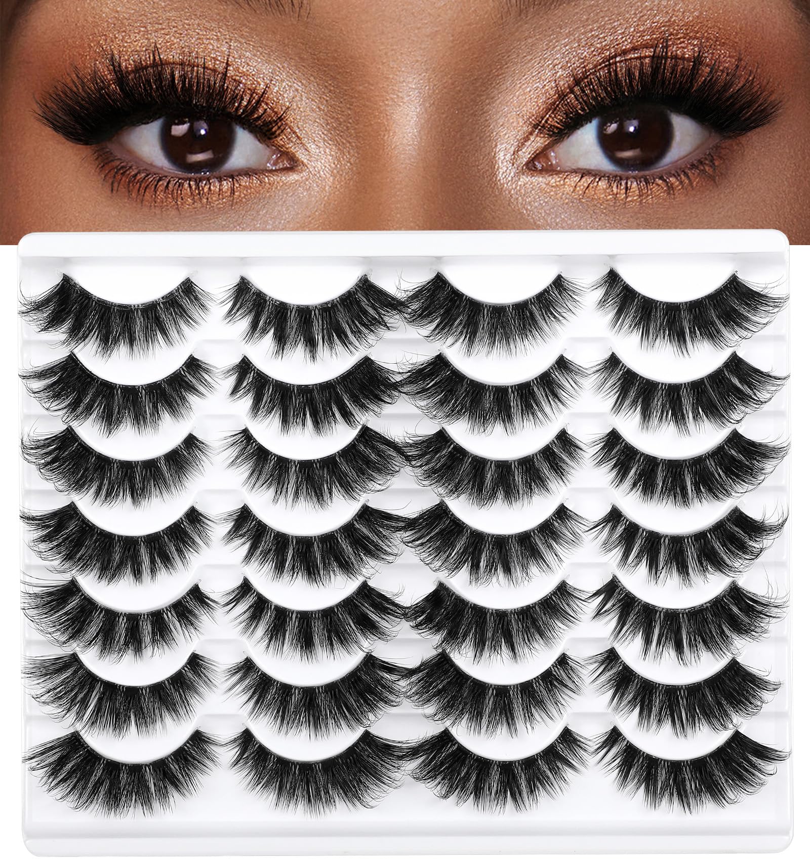 14 Pairs Fluffy Cat Eye Lashes 18mm Faux Mink False Lashes with Thin Transparent Band Voluminous Wispy Fake