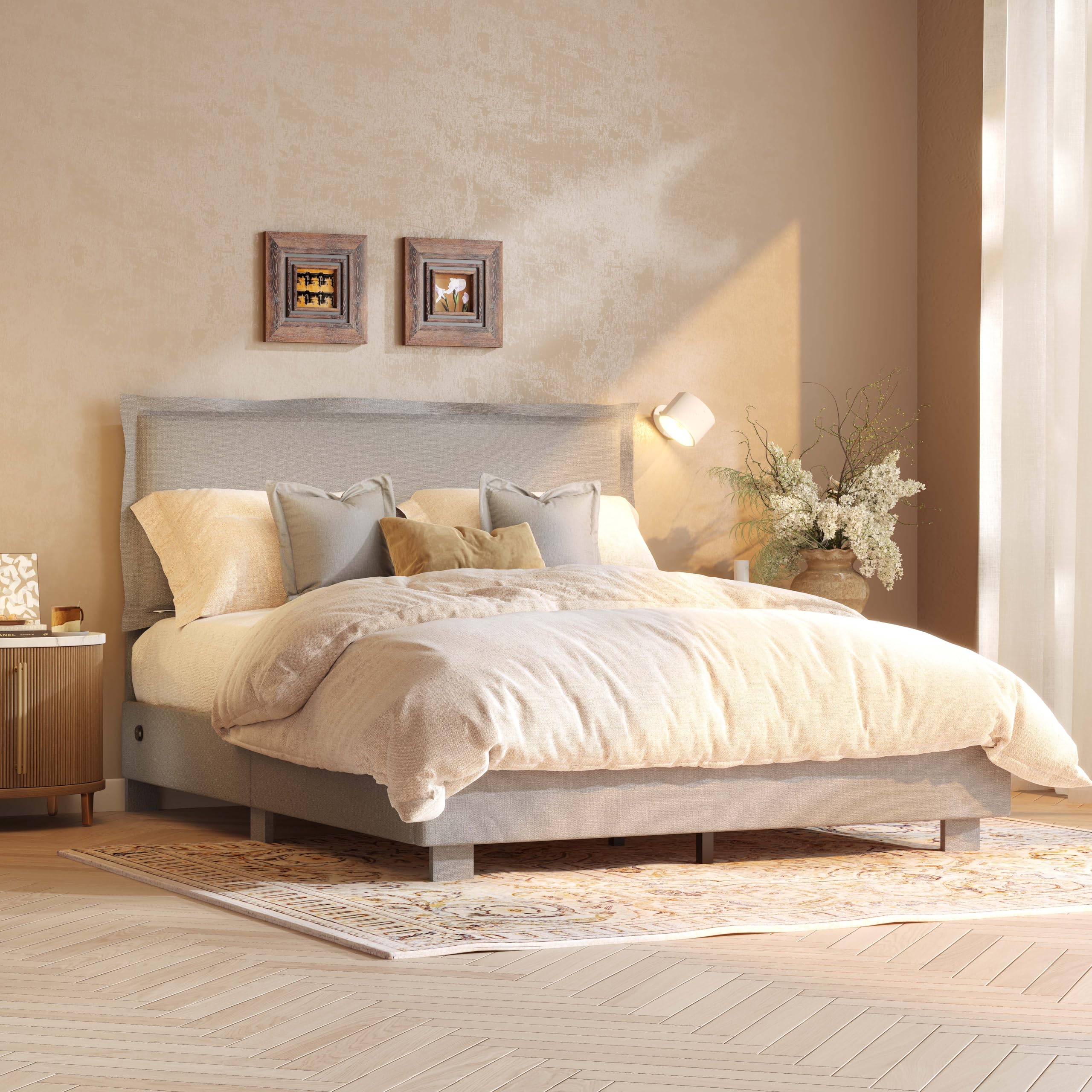 Photo 1 of FLEXISPOT Queen Flange Edge Upholstered Platform Bed Frame & Adjustable Headboard–900 lbs,USB&Type-C Charging Ports,SGS Certified–Soft Padded Frame for Any Bedroom Style, Light Grey.